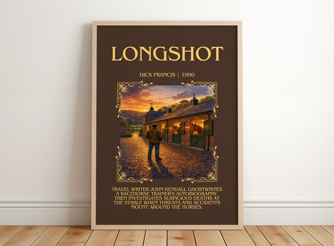 Longshot Minimalist Book Poster by Dick Francis – framed print leaning on a wooden floor