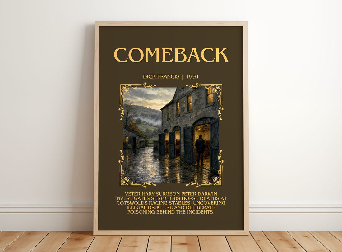 Comeback Minimalist Book Poster by Dick Francis – framed print leaning on a wooden floor