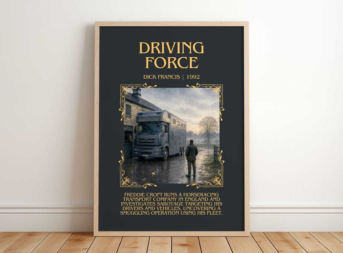 Driving Force Minimalist Book Poster by Dick Francis – framed print leaning on a wooden floor