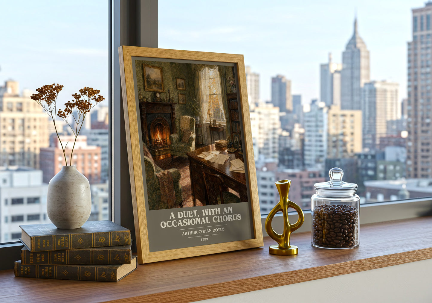 A Duet, With An Occasional Chorus book cover print framed by window – literary home decor