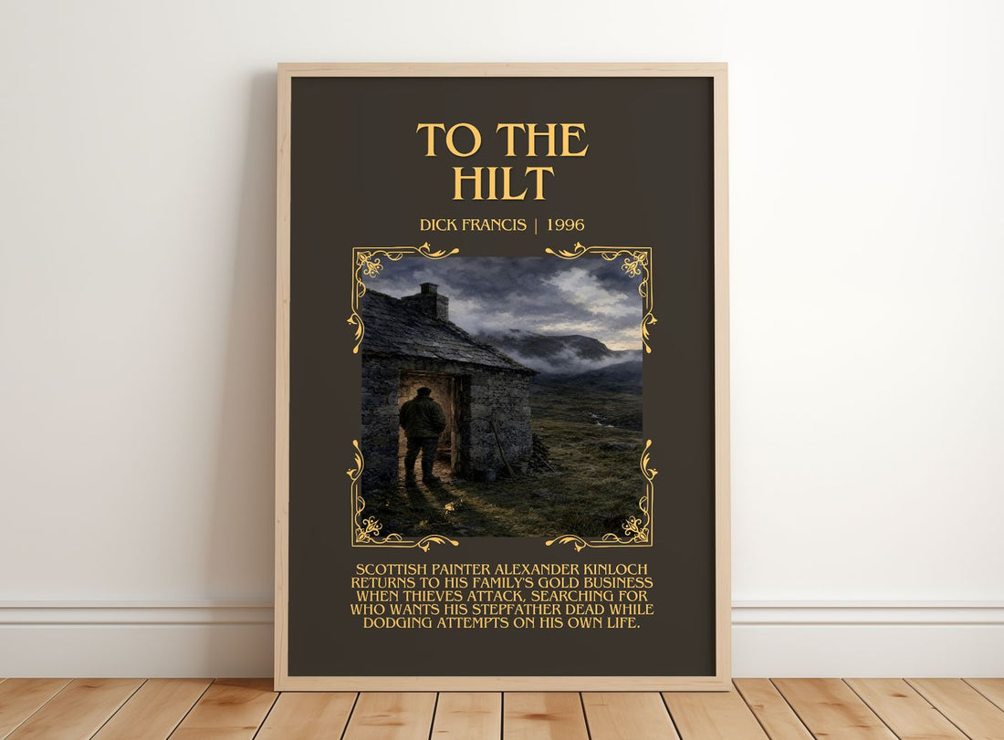 To the Hilt Minimalist Book Poster by Dick Francis – framed print leaning on a wooden floor