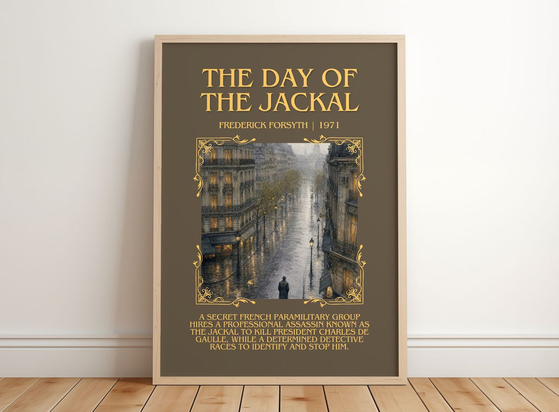 The Day of the Jackal Minimalist Book Poster by Frederick Forsyth – framed print leaning on a wooden floor