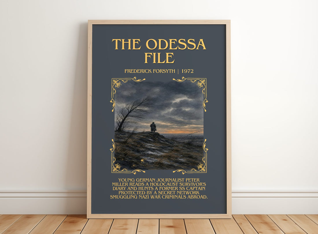 The Odessa File Minimalist Book Poster by Frederick Forsyth – framed print leaning on a wooden floor