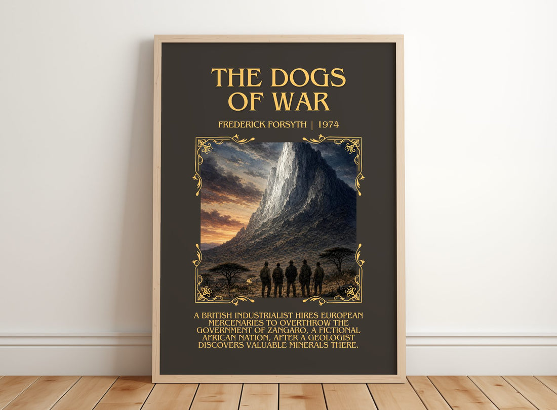 The Dogs of War Minimalist Book Poster by Frederick Forsyth – framed print leaning on a wooden floor