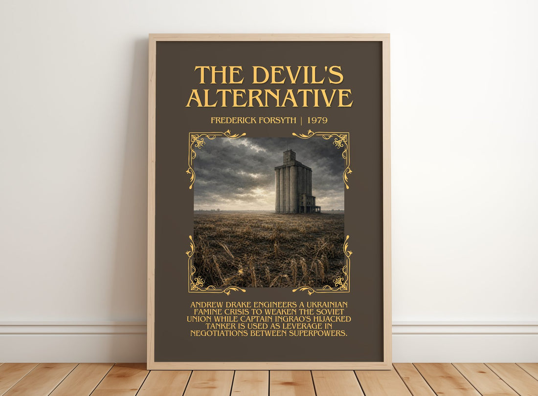 The Devil's Alternative Minimalist Book Poster by Frederick Forsyth – framed print leaning on a wooden floor