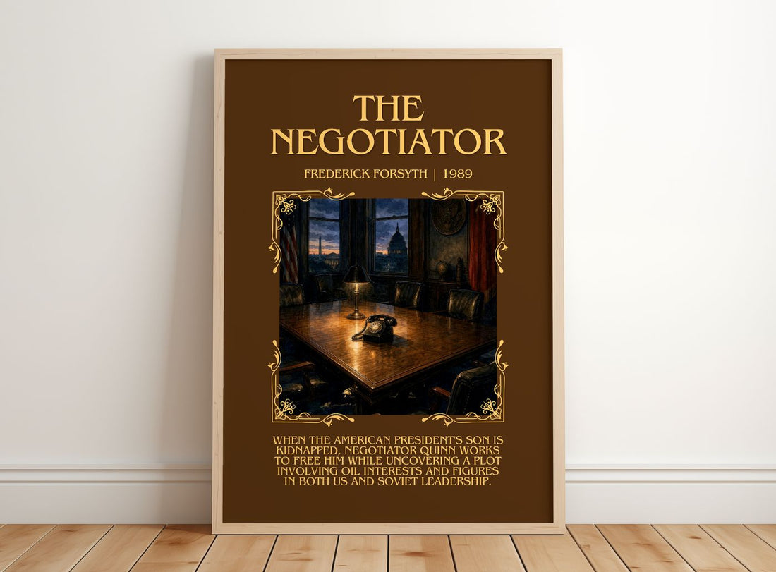 The Negotiator Minimalist Book Poster by Frederick Forsyth – framed print leaning on a wooden floor