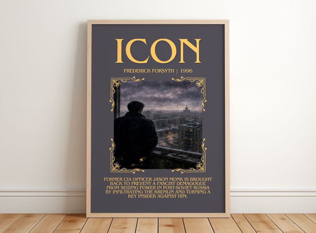Icon Minimalist Book Poster by Frederick Forsyth – framed print leaning on a wooden floor