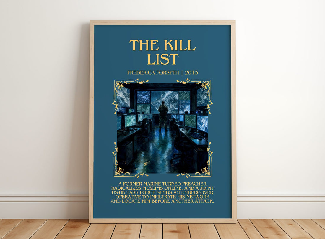 The Kill List Minimalist Book Poster by Frederick Forsyth – framed print leaning on a wooden floor