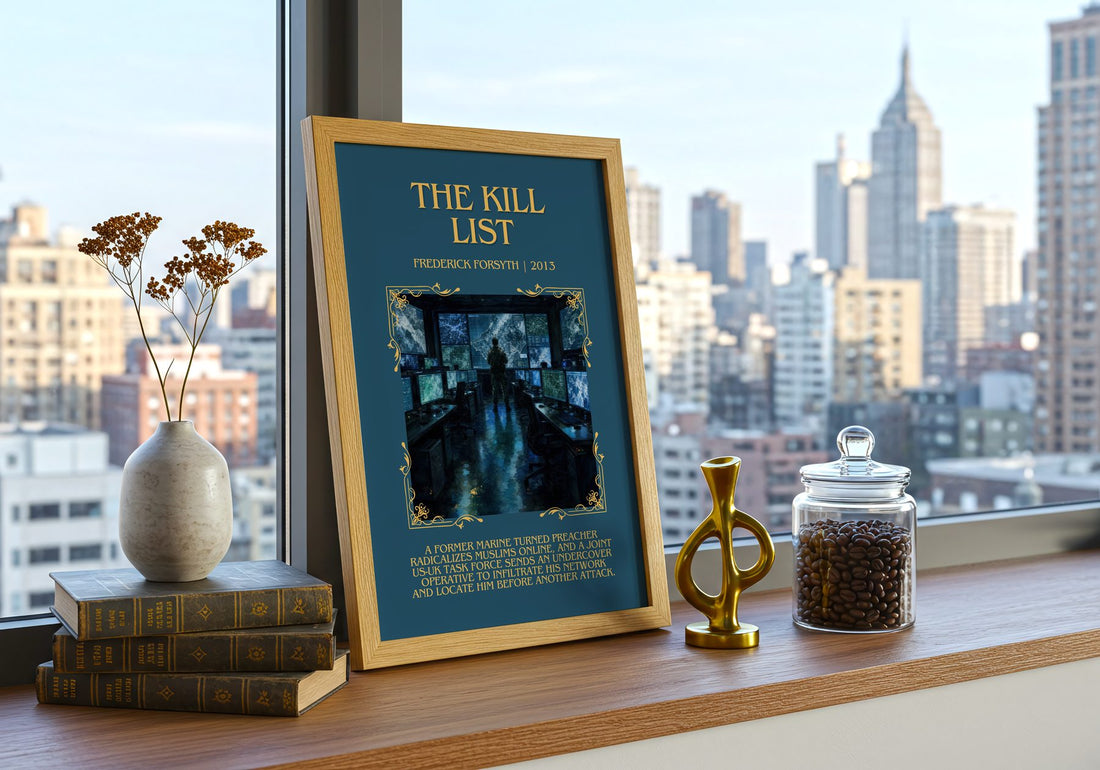 The Kill List Minimalist Book Poster by Frederick Forsyth – framed print on a city-view windowsill