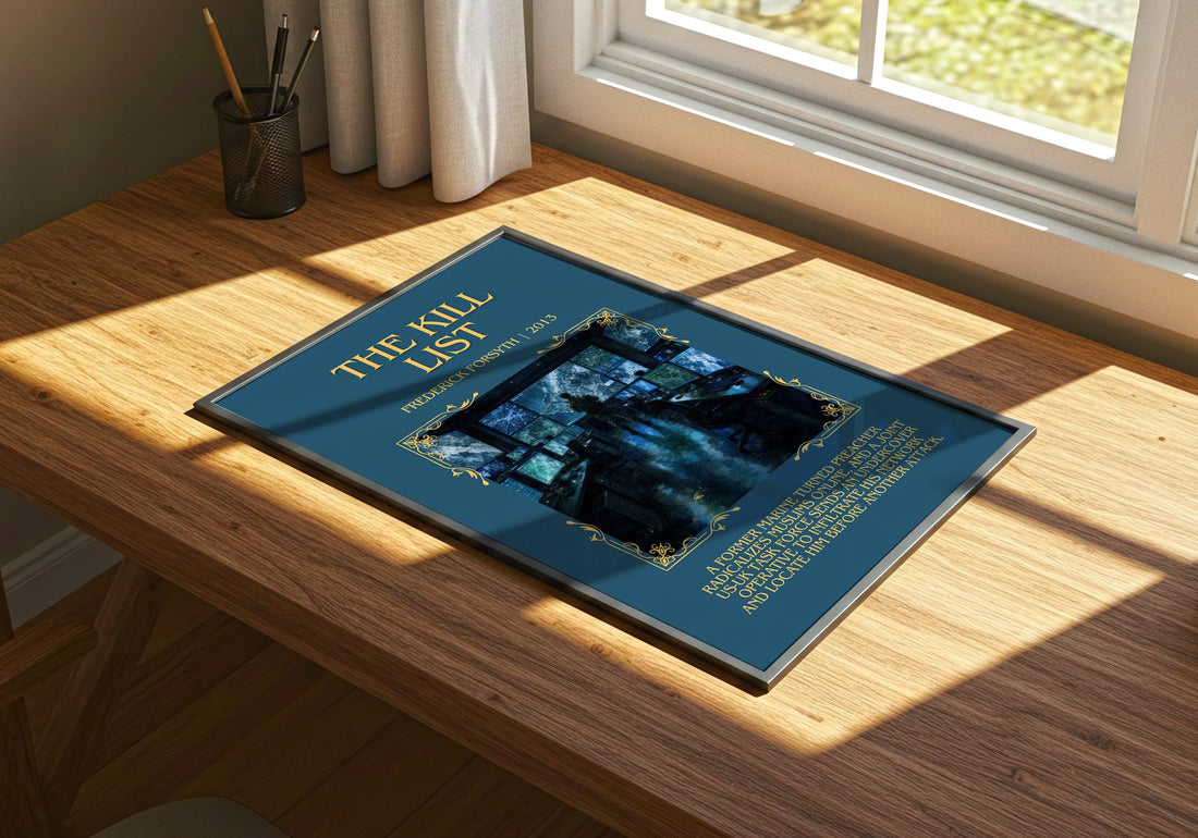 The Kill List Minimalist Book Poster by Frederick Forsyth – print on a sunlit desk