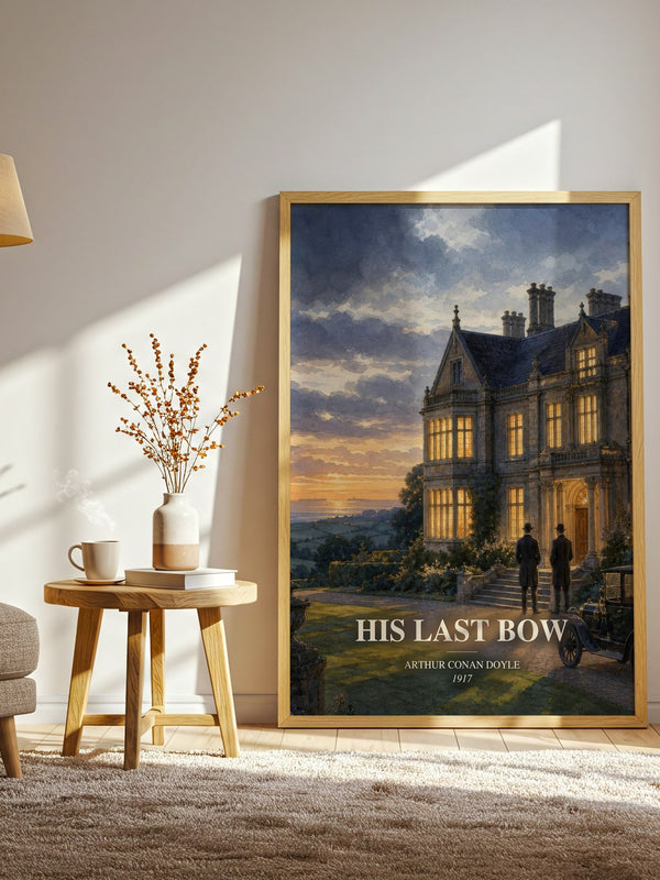 His Last Bow watercolour print in frame leaning in hallway – mystery wall art