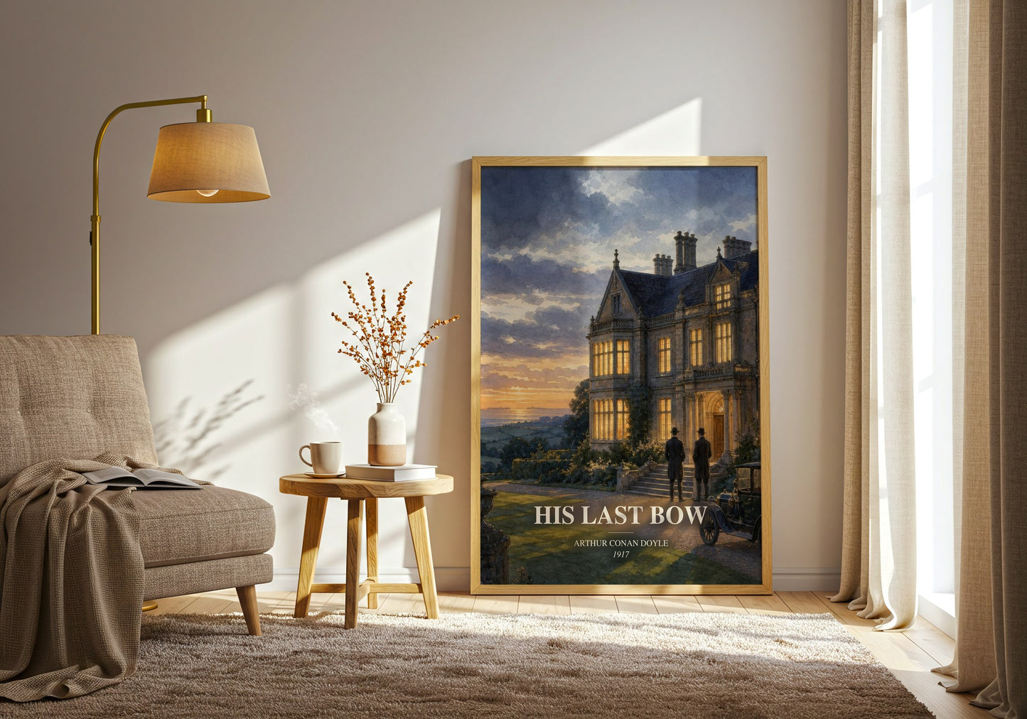 His Last Bow watercolour print in frame leaning in hallway – mystery wall art