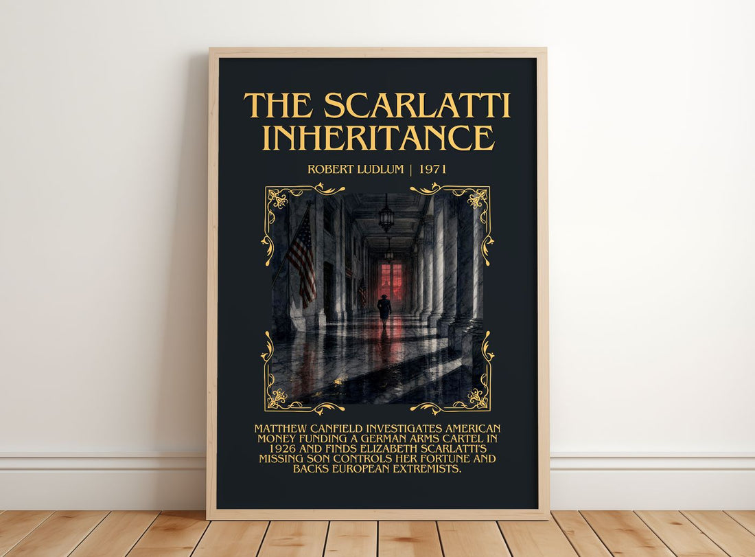 The Scarlatti Inheritance Minimalist Book Poster by Robert Ludlum – framed print leaning on a wooden floor