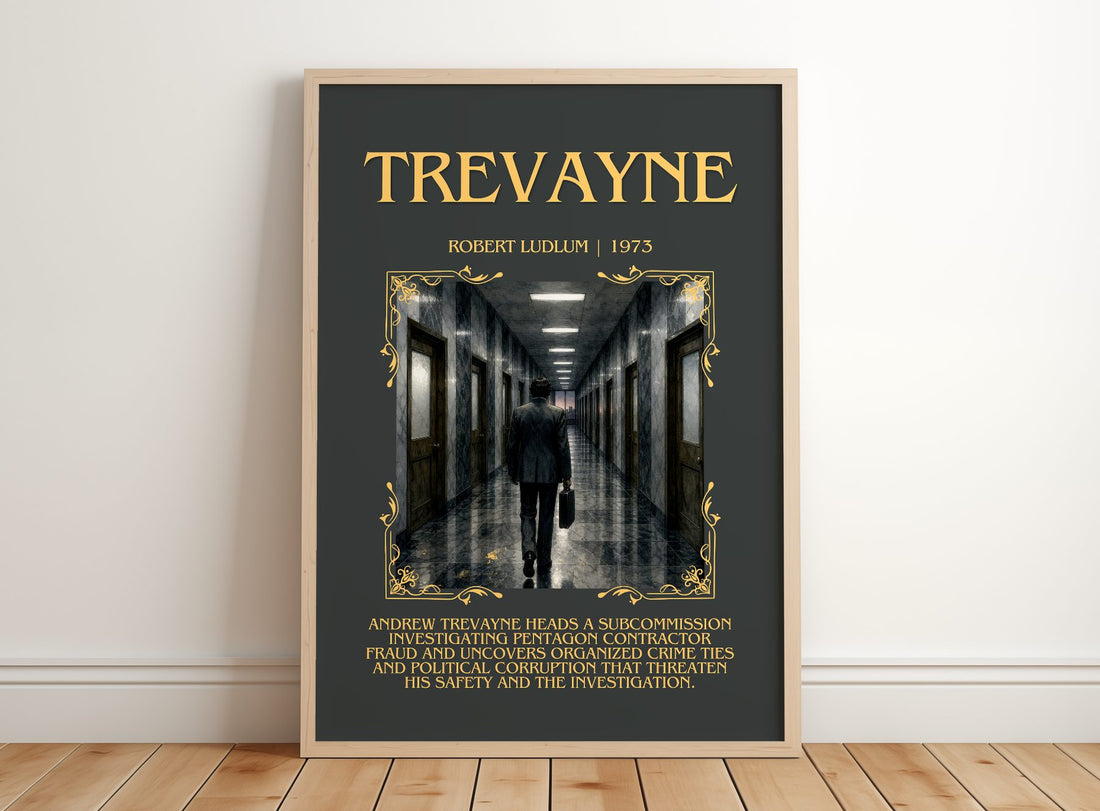 Trevayne Minimalist Book Poster by Robert Ludlum – framed print leaning on a wooden floor