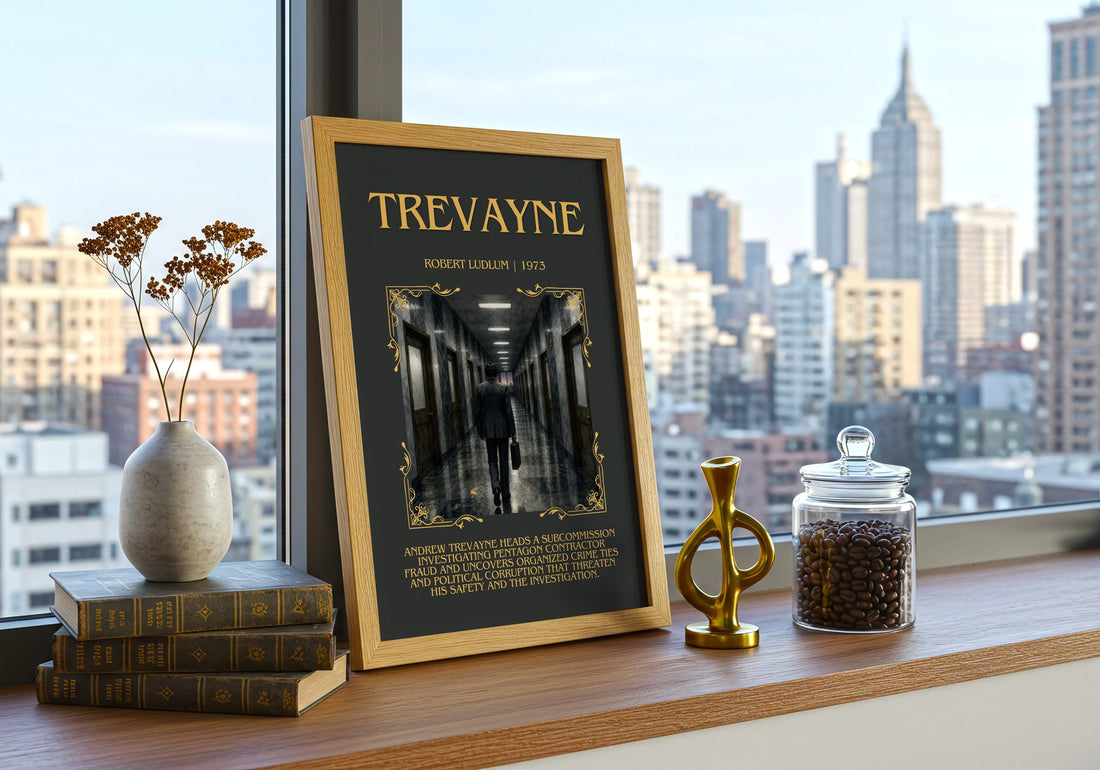 Trevayne Minimalist Book Poster by Robert Ludlum – framed print on a city-view windowsill