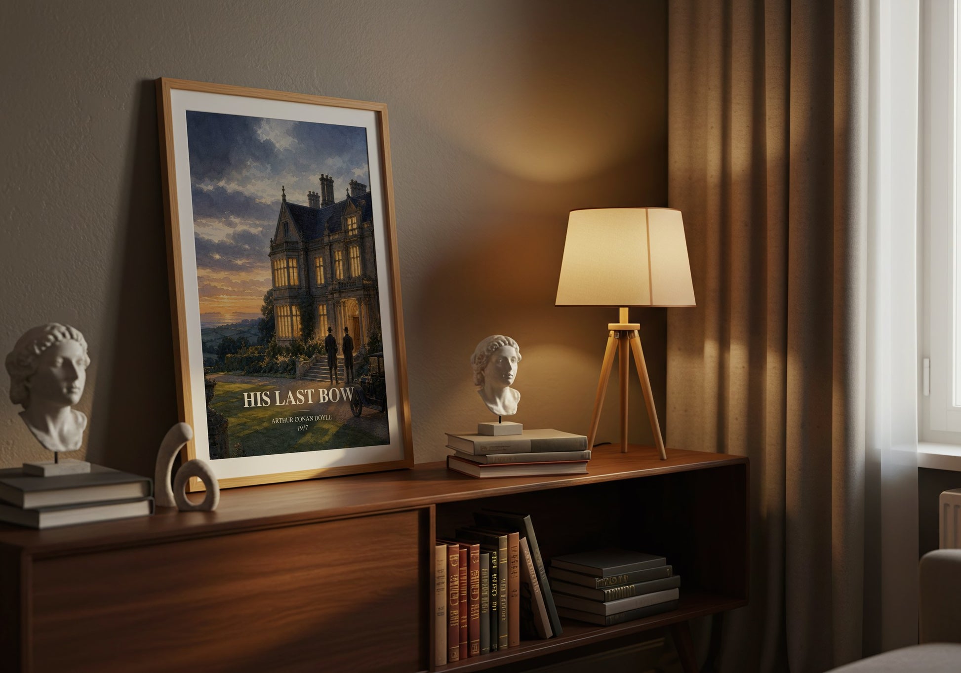 His Last Bow watercolour print on bookshelf – Arthur Conan Doyle fan gift