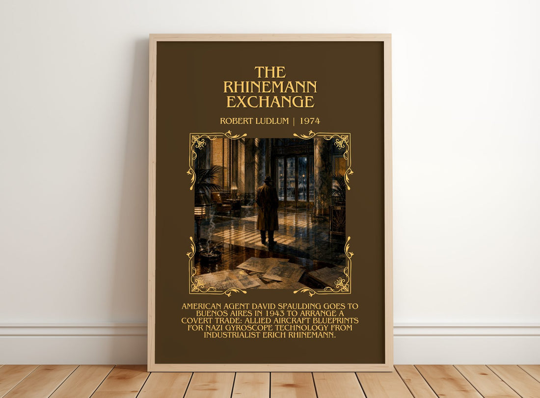 The Rhinemann Exchange Minimalist Book Poster by Robert Ludlum – framed print leaning on a wooden floor