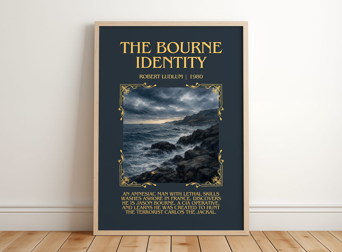 The Bourne Identity Minimalist Book Poster by Robert Ludlum – framed print leaning on a wooden floor