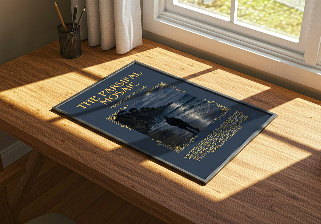 The Parsifal Mosaic Minimalist Book Poster by Robert Ludlum – print on a sunlit desk