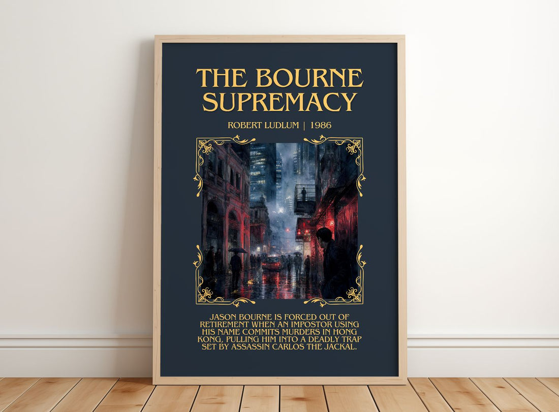 The Bourne Supremacy Minimalist Book Poster by Robert Ludlum – framed print leaning on a wooden floor