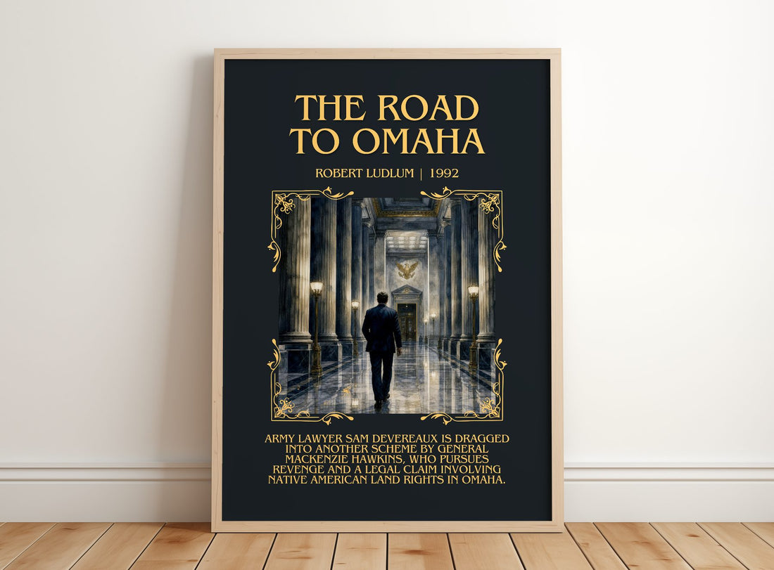 The Road to Omaha Minimalist Book Poster by Robert Ludlum – framed print leaning on a wooden floor