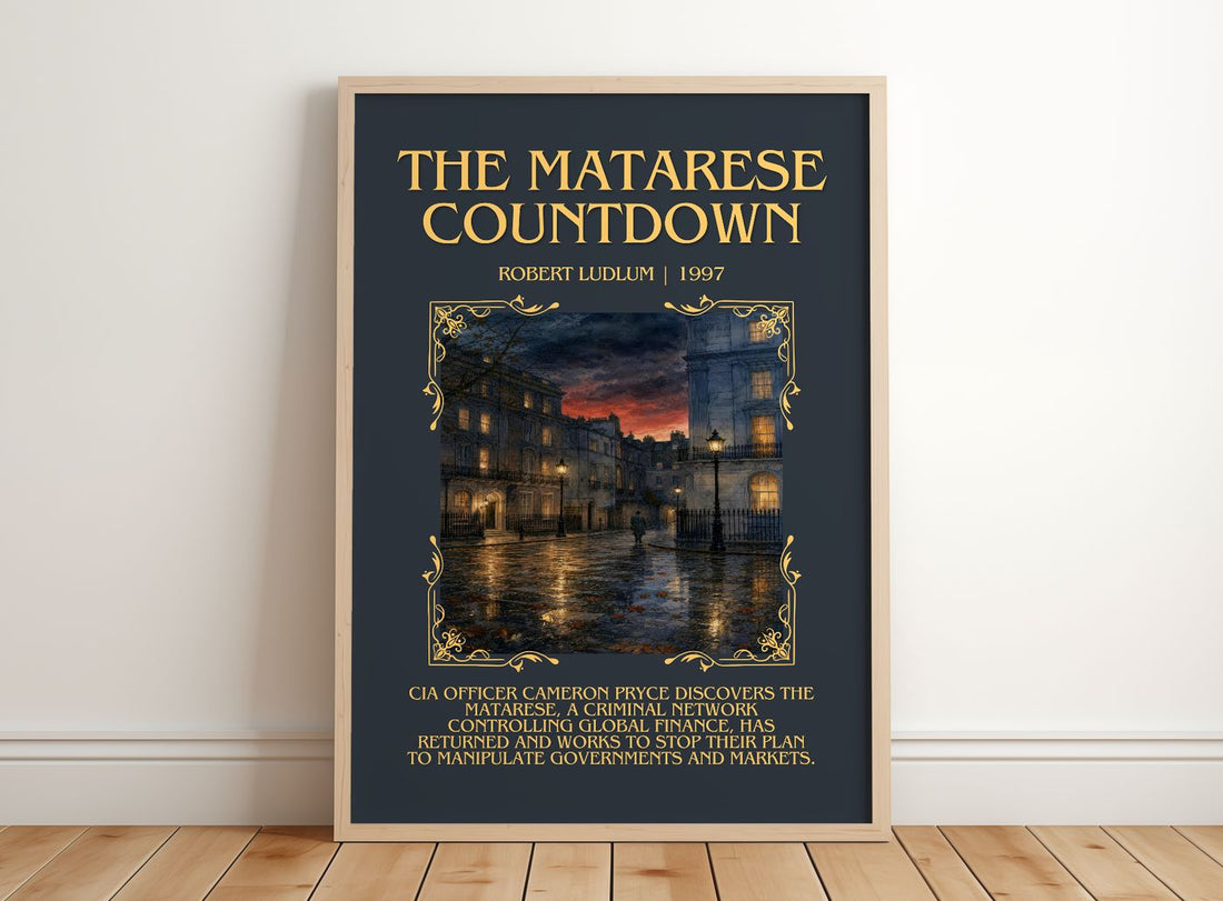 The Matarese Countdown Minimalist Book Poster by Robert Ludlum – framed print leaning on a wooden floor
