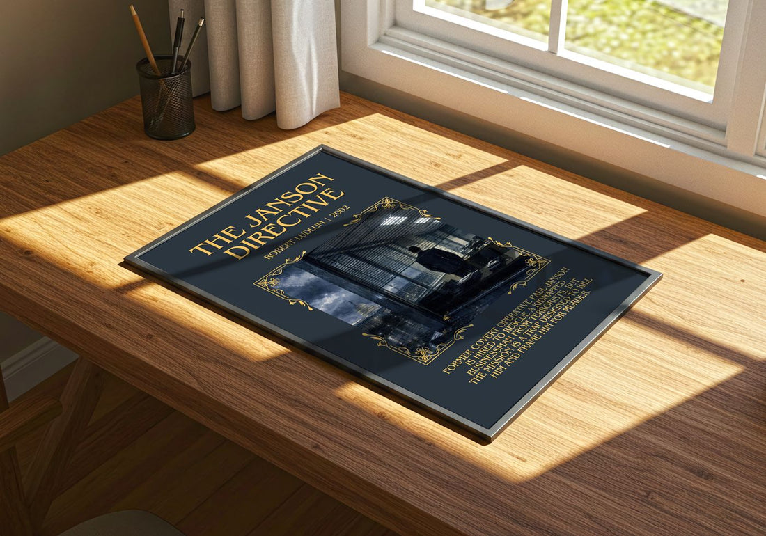 The Janson Directive Minimalist Book Poster by Robert Ludlum – print on a sunlit desk