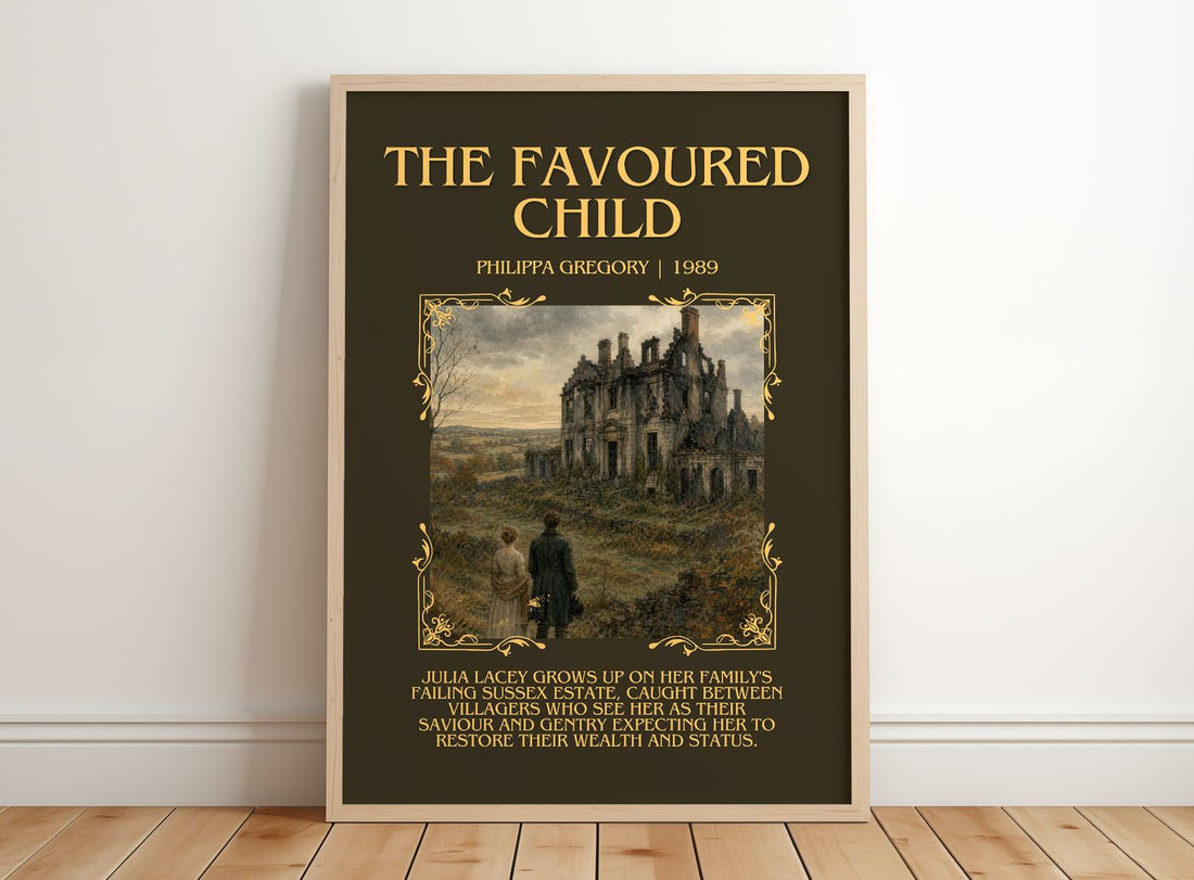 The Favoured Child Minimalist Book Poster by Philippa Gregory – framed print leaning on a wooden floor