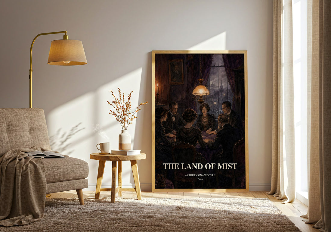 The Land Of Mist watercolour print in frame leaning in hallway – sci fi wall art (mockup)