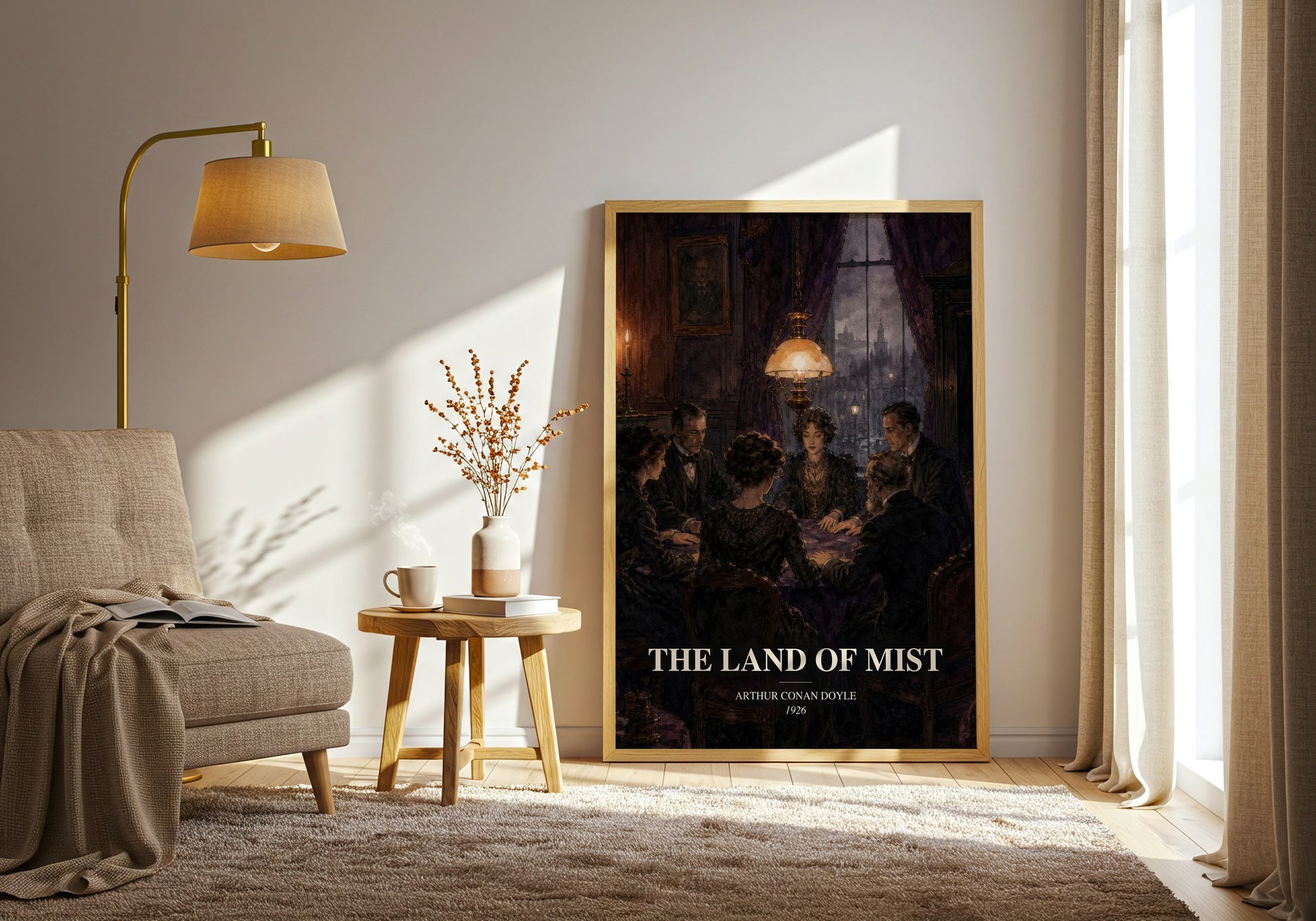 The Land Of Mist watercolour print in frame leaning in hallway – sci fi wall art