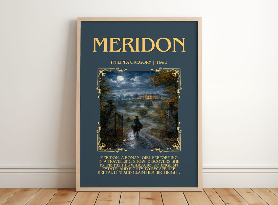 Meridon Minimalist Book Poster by Philippa Gregory – framed print leaning on a wooden floor