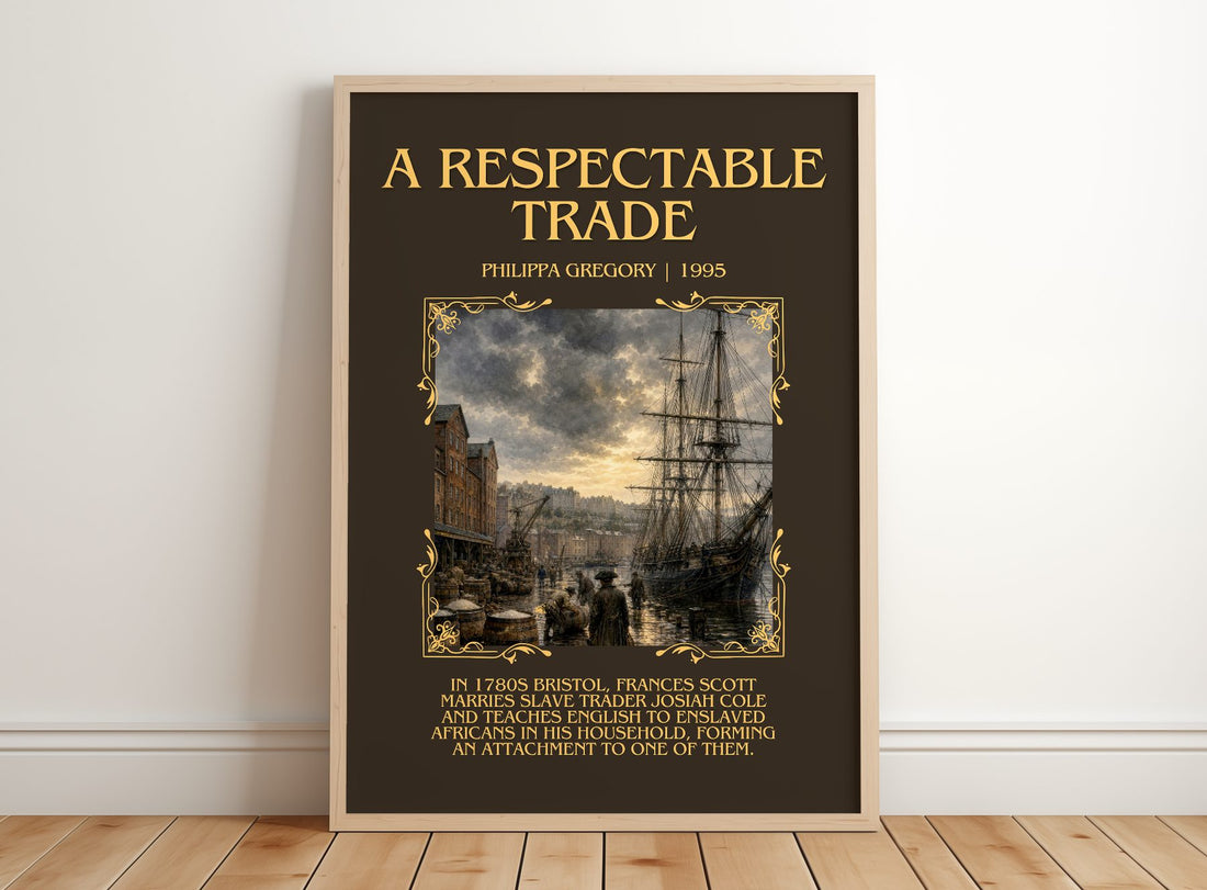 A Respectable Trade Minimalist Book Poster by Philippa Gregory – framed print leaning on a wooden floor