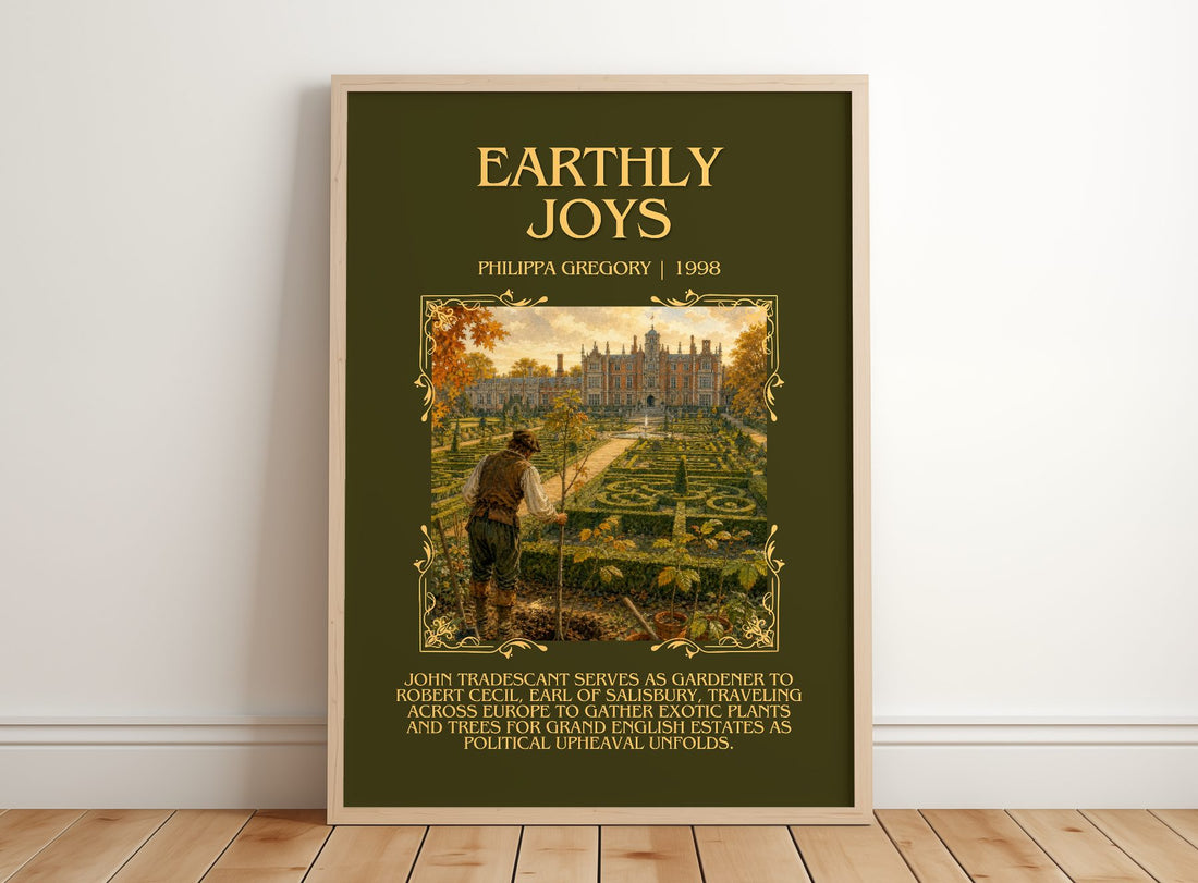 Earthly Joys Minimalist Book Poster by Philippa Gregory – framed print leaning on a wooden floor