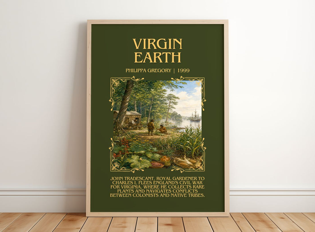 Virgin Earth Minimalist Book Poster by Philippa Gregory – framed print leaning on a wooden floor