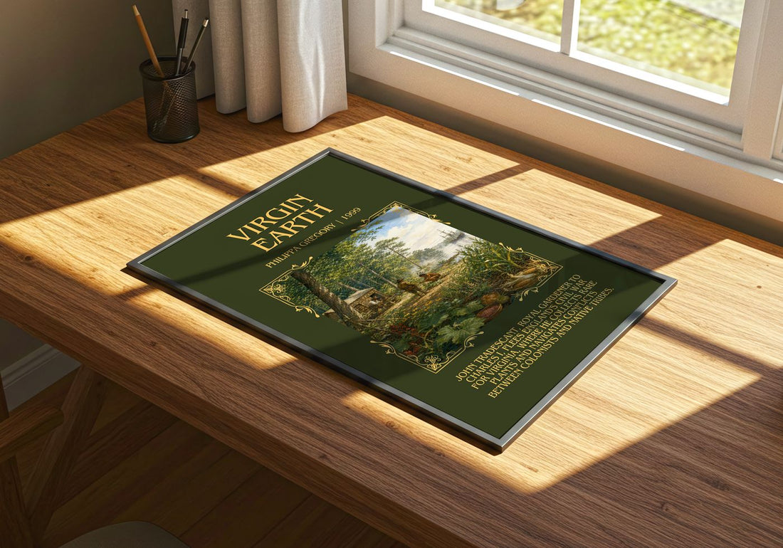 Virgin Earth Minimalist Book Poster by Philippa Gregory – print on a sunlit desk