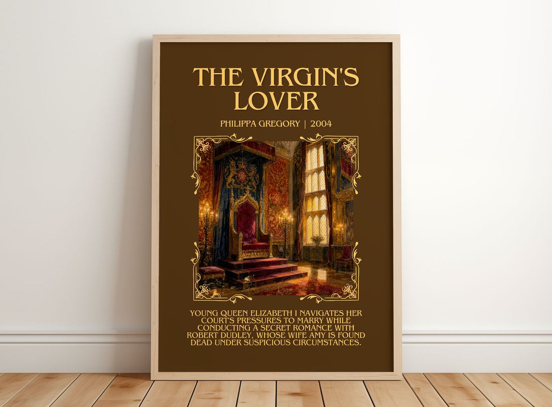 The Virgin's Lover Minimalist Book Poster by Philippa Gregory – framed print leaning on a wooden floor