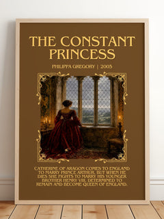 The Constant Princess Minimalist Book Poster by Philippa Gregory – framed print leaning on a wooden floor