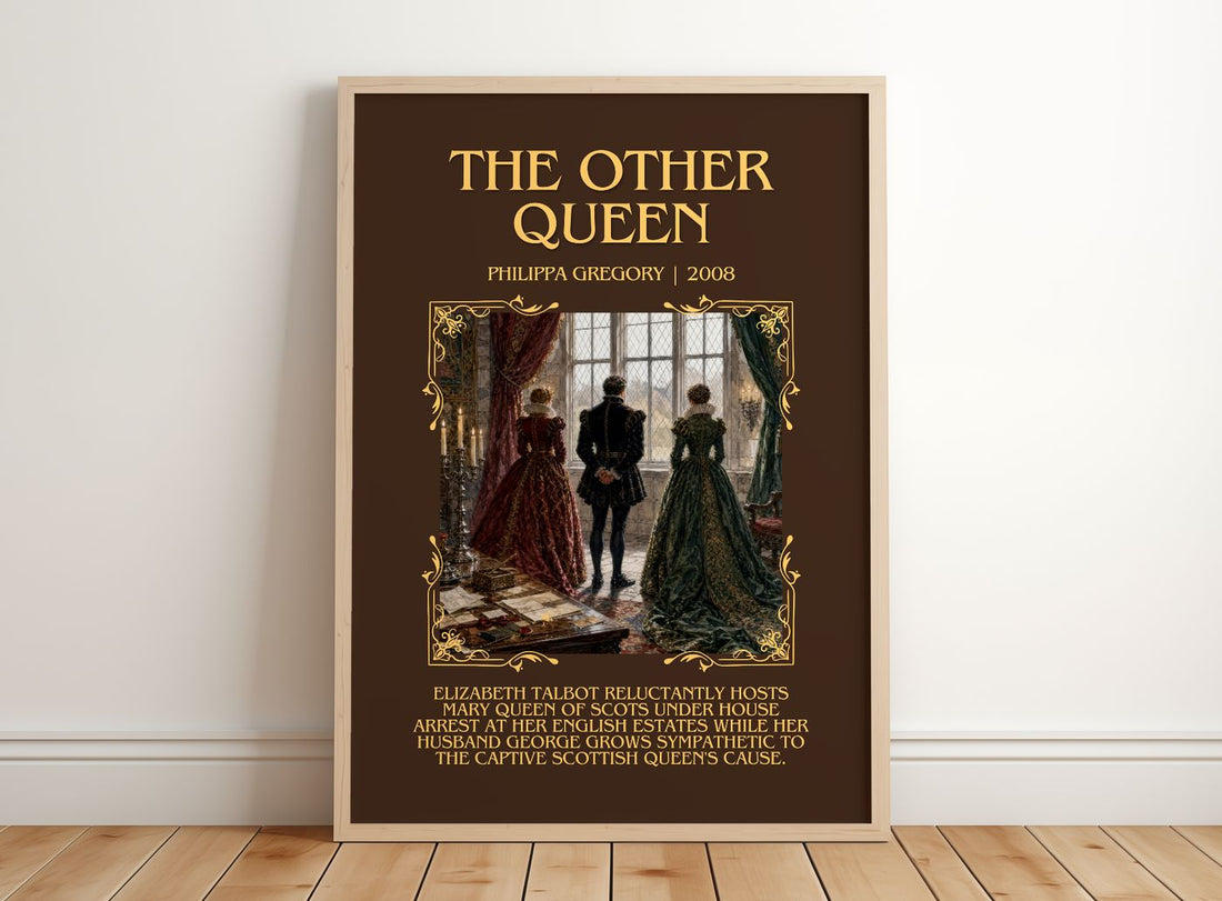 The Other Queen Minimalist Book Poster by Philippa Gregory – framed print leaning on a wooden floor