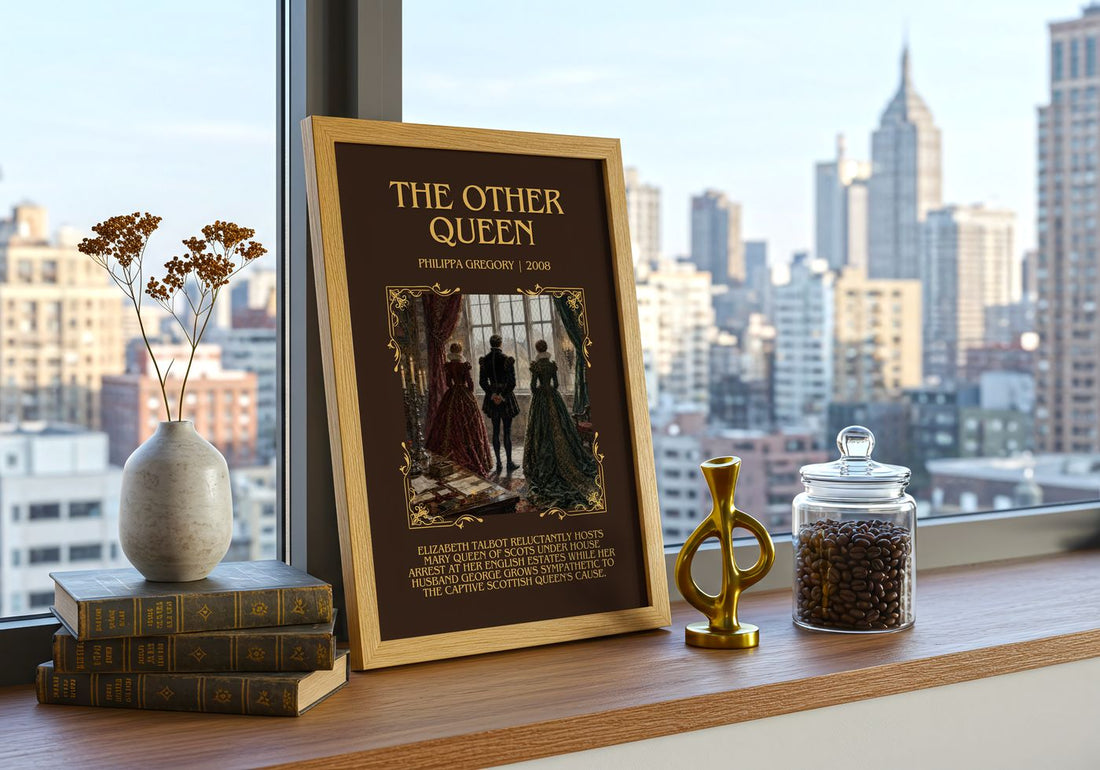 The Other Queen Minimalist Book Poster by Philippa Gregory – framed print on a city-view windowsill