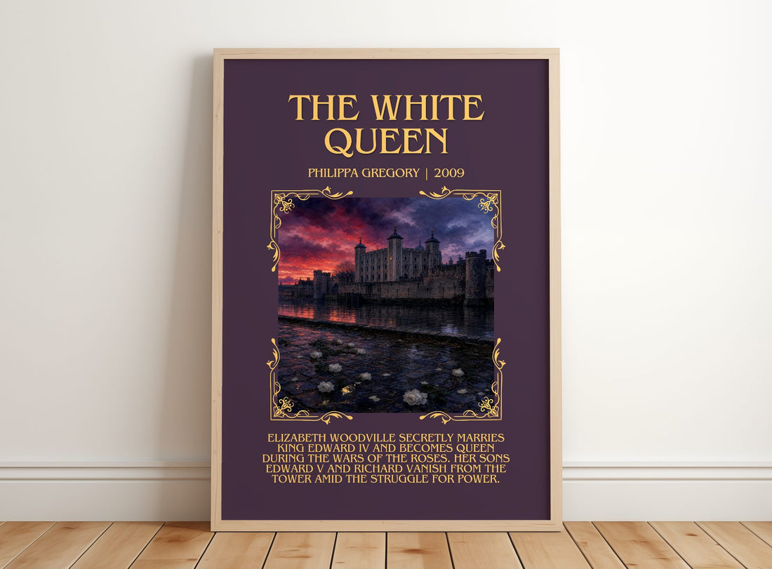 The White Queen Minimalist Book Poster by Philippa Gregory – framed print leaning on a wooden floor