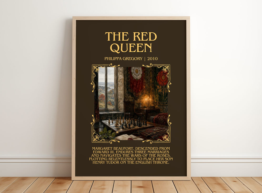 The Red Queen Minimalist Book Poster by Philippa Gregory – framed print leaning on a wooden floor