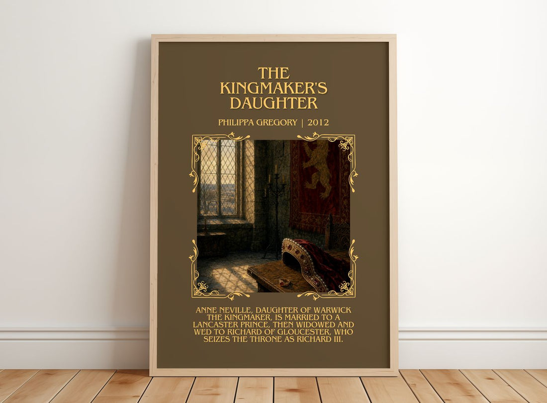 The Kingmaker's Daughter Minimalist Book Poster by Philippa Gregory – framed print leaning on a wooden floor