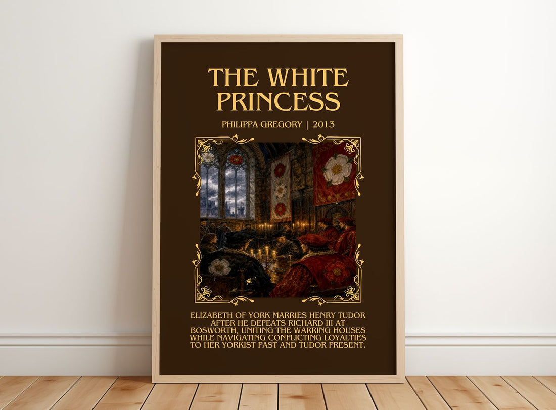 The White Princess Minimalist Book Poster by Philippa Gregory – framed print leaning on a wooden floor