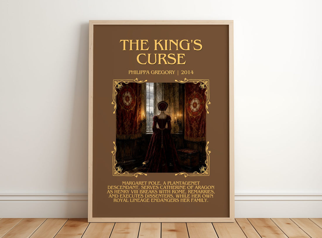 The King's Curse Minimalist Book Poster by Philippa Gregory – framed print leaning on a wooden floor