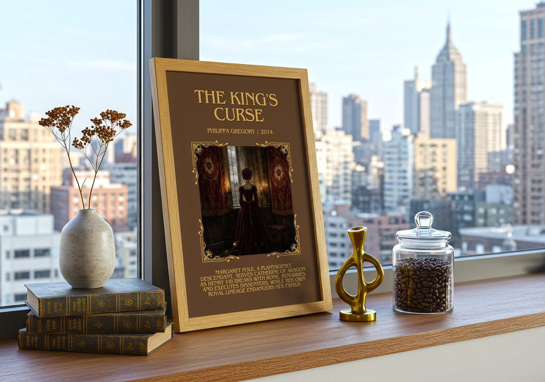 The King's Curse Minimalist Book Poster by Philippa Gregory – framed print on a city-view windowsill