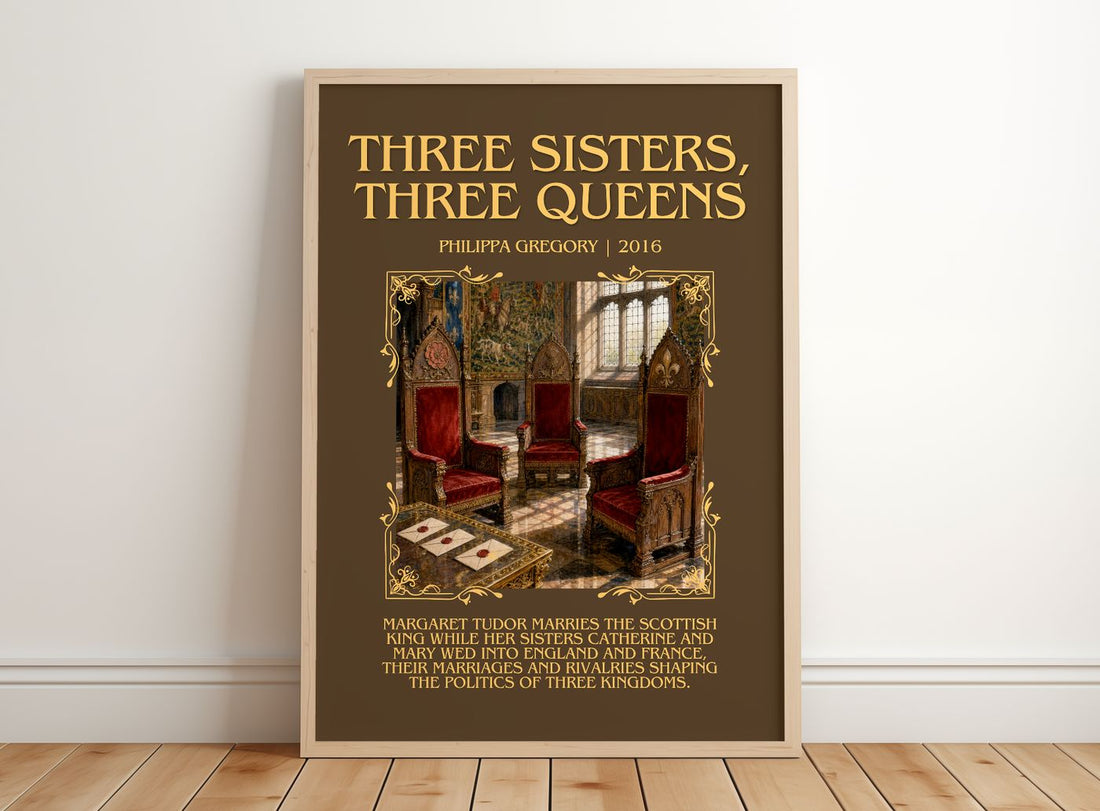 Three Sisters, Three Queens Minimalist Book Poster by Philippa Gregory – framed print leaning on a wooden floor