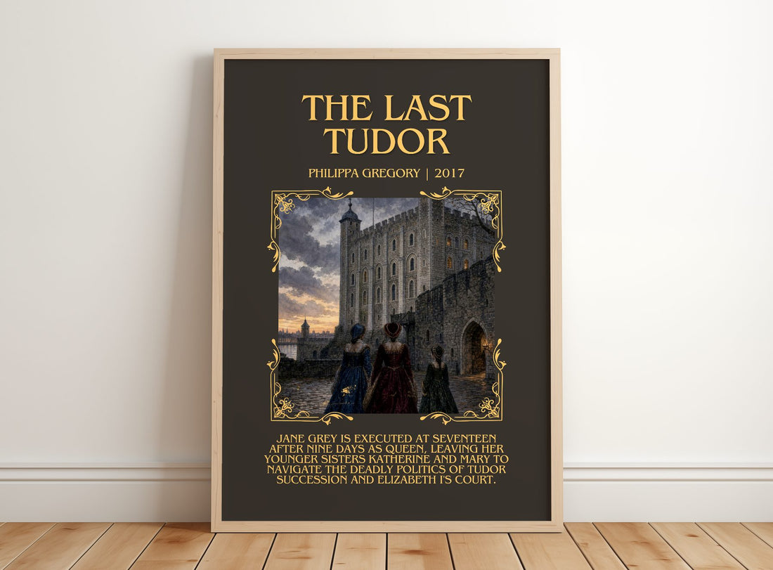 The Last Tudor Minimalist Book Poster by Philippa Gregory – framed print leaning on a wooden floor