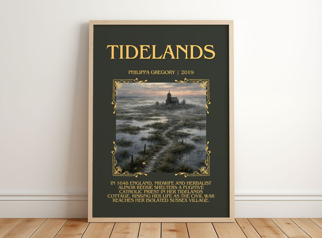 Tidelands Minimalist Book Poster by Philippa Gregory – framed print leaning on a wooden floor