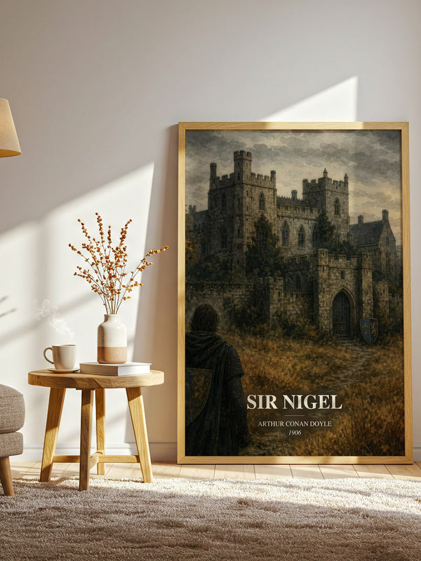 Sir Nigel watercolour print in frame leaning in hallway – historical fiction wall art