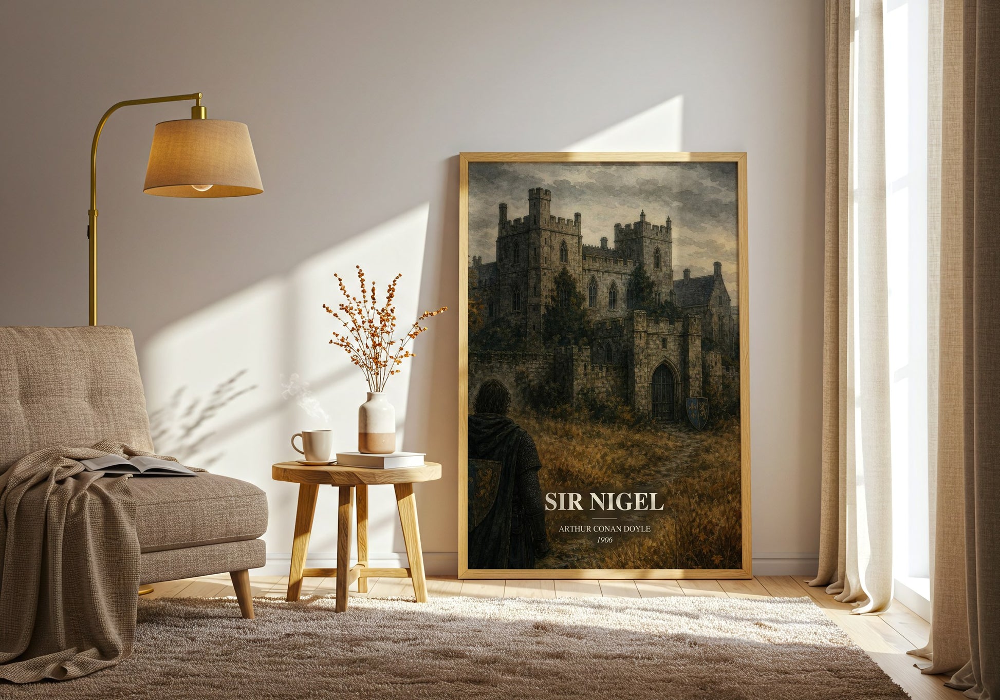 Sir Nigel watercolour print in frame leaning in hallway – historical fiction wall art